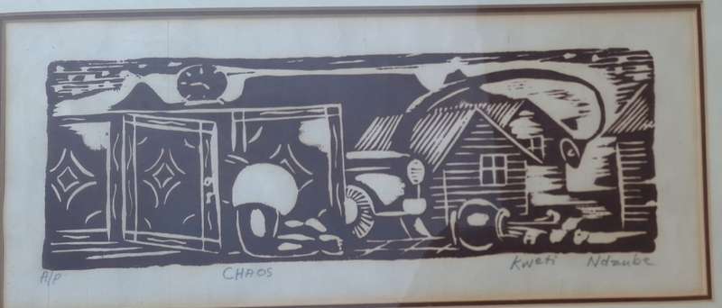Framed Linocut Chaos by Kweti Ndzube