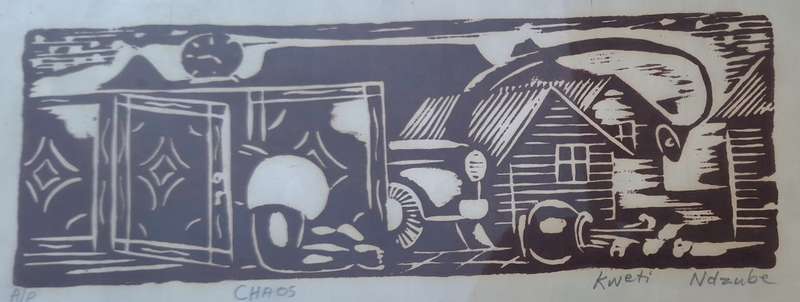 Framed Linocut Chaos by Kweti Ndzube