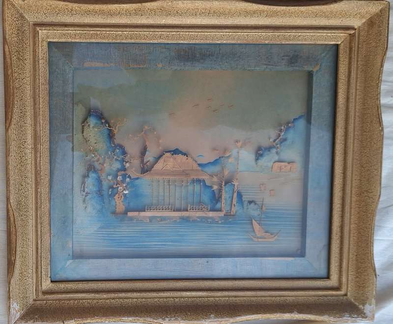 Vintage Framed Hand Carved 3D Asian Pagoda and Landscape
