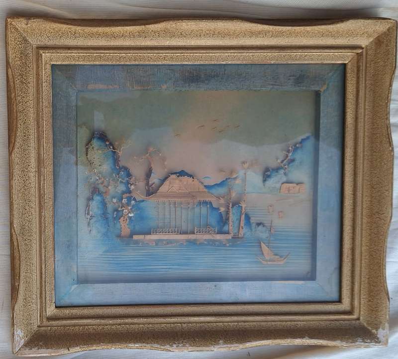 Vintage Framed Hand Carved 3D Asian Pagoda and Landscape