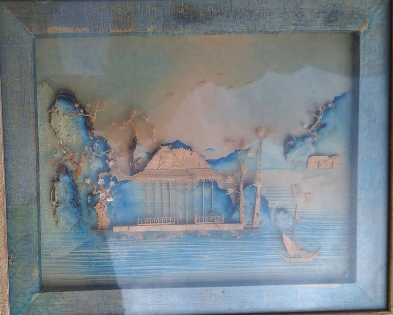 Vintage Framed Hand Carved 3D Asian Pagoda and Landscape
