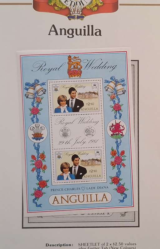 Official Royal Wedding 1981 Album Page ANGUILLA with Mint Sheetlet of 2 x $2.50 stamps