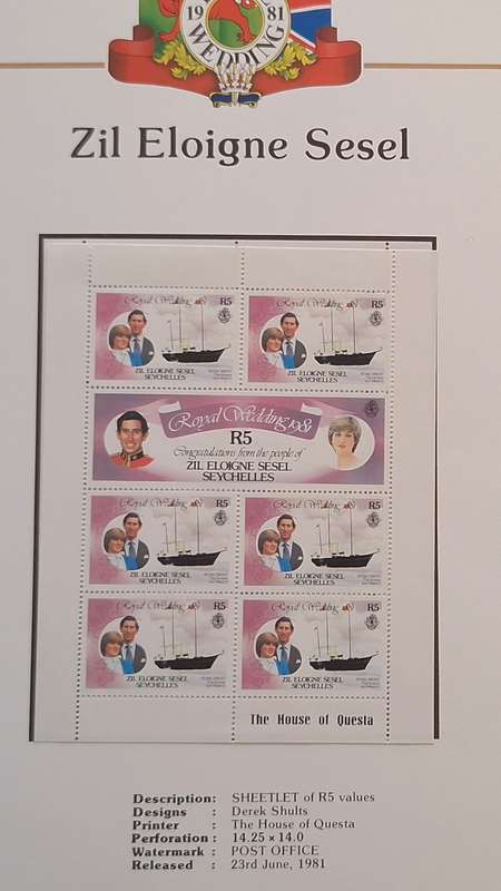 Official Royal Wedding 1981 Album Page ZIL ELOIGNE SESEL with Mint Sheetlet of 6 x R5 stamps