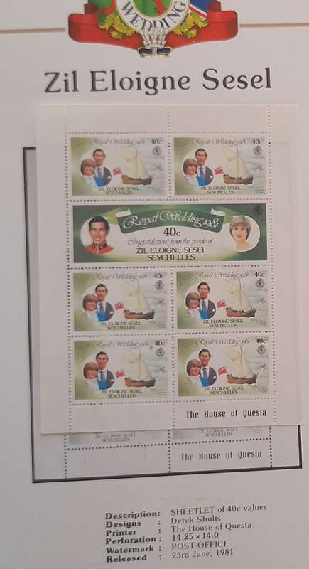 Official Royal Wedding 1981 Album Page ZIL ELOIGNE SESEL with Mint Sheetlet of 6 x 40c stamps