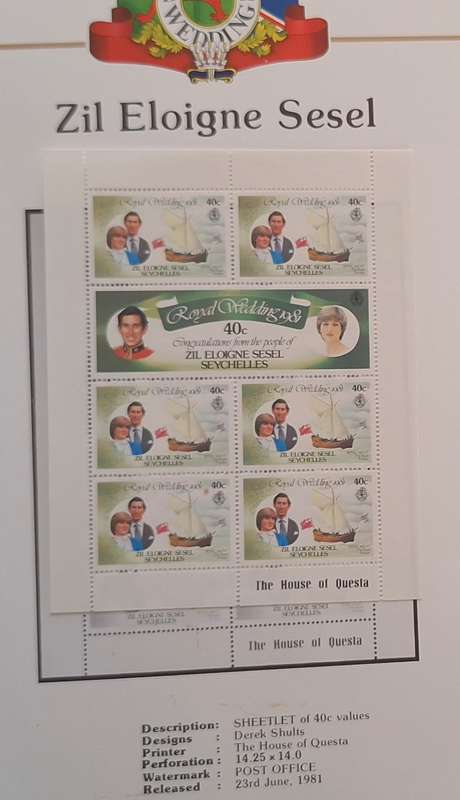 Official Royal Wedding 1981 Album Page ZIL ELOIGNE SESEL with Mint Sheetlet of 6 x 40c stamps