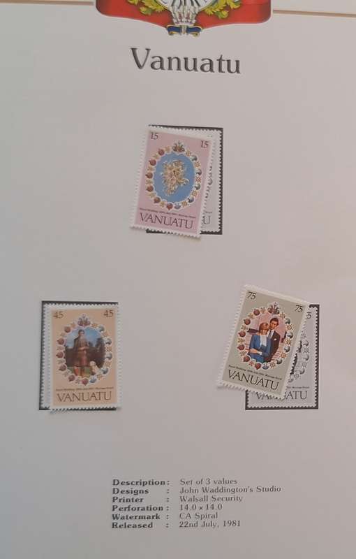 Official Royal Wedding 1981 Album Page VANUATU with Set of 3 values Mint stamps