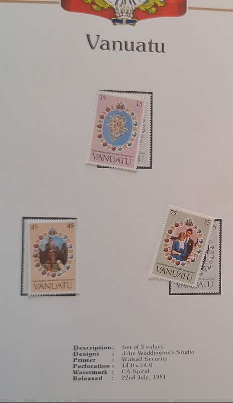 Official Royal Wedding 1981 Album Page VANUATU with Set of 3 values Mint stamps