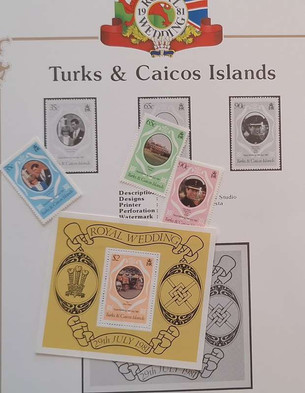 Official Royal Wedding 1981 Album Page TURKS & CAICOS ISLANDS with Mint Souvenir Sheet and 3  stamps