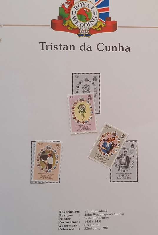 Official Royal Wedding 1981 Album Page TRISTAN DA CUNHA with Set of 3 values Mint stamps