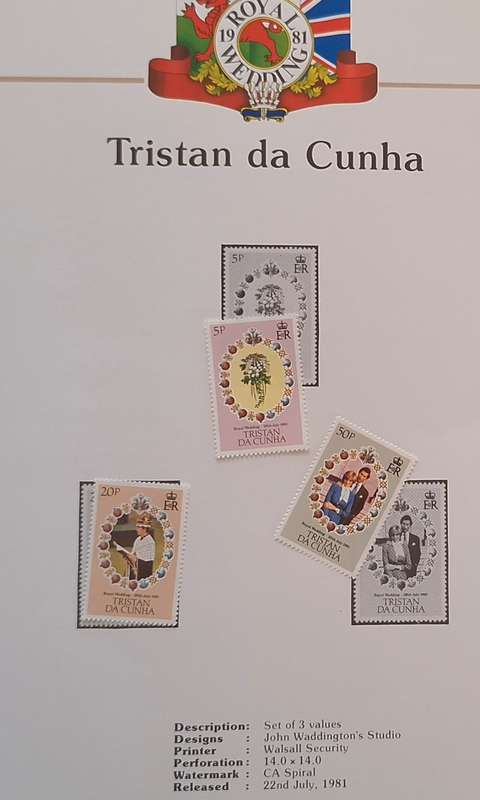 Official Royal Wedding 1981 Album Page TRISTAN DA CUNHA with Set of 3 values Mint stamps