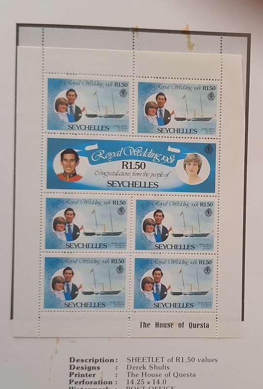 Official Royal Wedding 1981 Album Page SEYCHELLES with Mint Sheetlet of 6 x R1.50 stamps