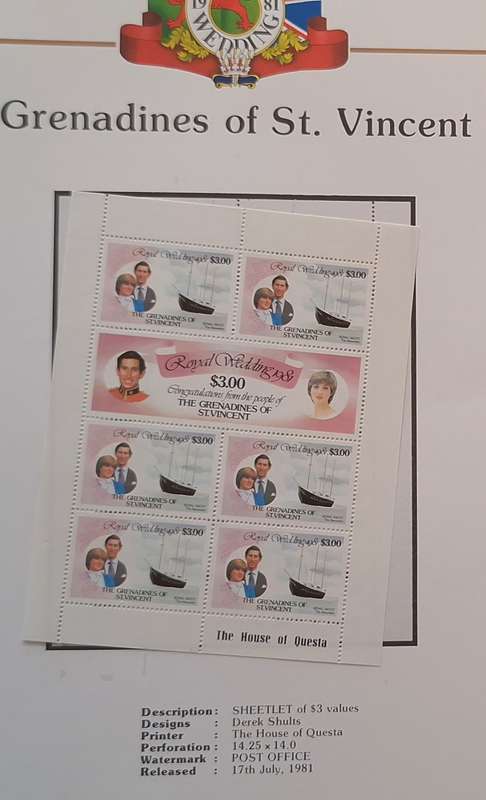 Official Royal Wedding 1981 Album Page GRENADINES OF ST. VINCENTwith Mint Sheetlet of 6xS3.00 stamps