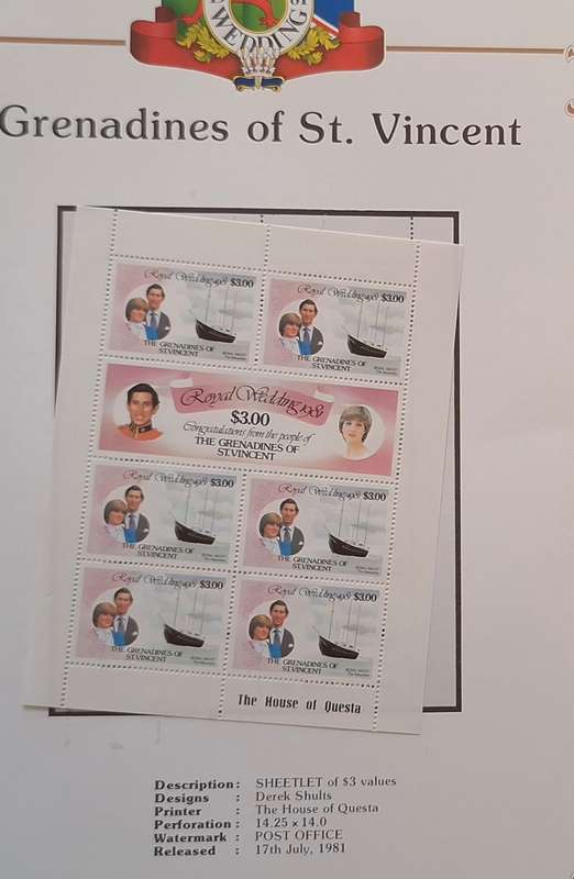 Official Royal Wedding 1981 Album Page GRENADINES OF ST. VINCENTwith Mint Sheetlet of 6xS3.00 stamps