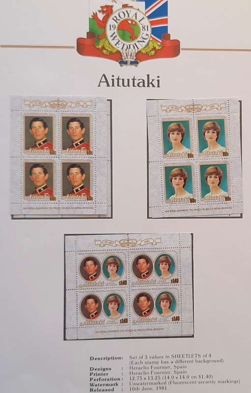 Official Royal Wedding 1981 Album Page AITUTAKI with 3 Mint Sheetlets of 4 stamps