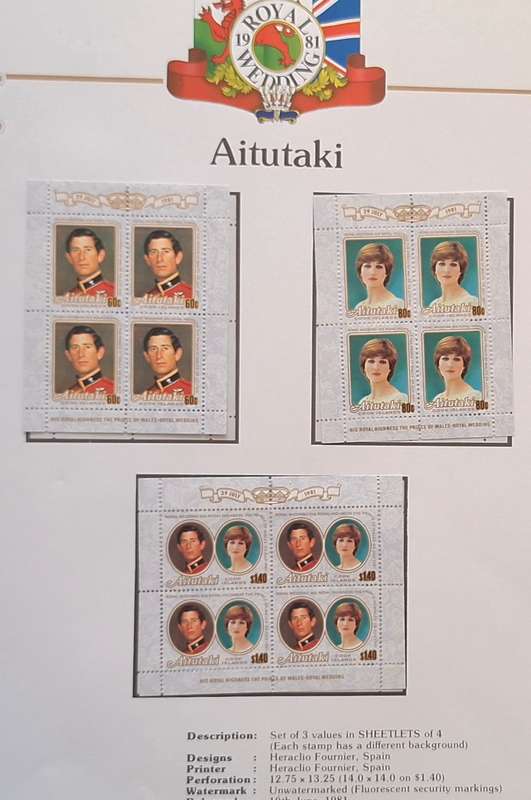 Official Royal Wedding 1981 Album Page AITUTAKI with 3 Mint Sheetlets of 4 stamps