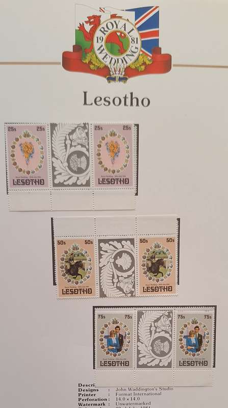 Official Royal Wedding 1981 Album Page LESOTHO with Set of 3 Mint Gutter Pairs