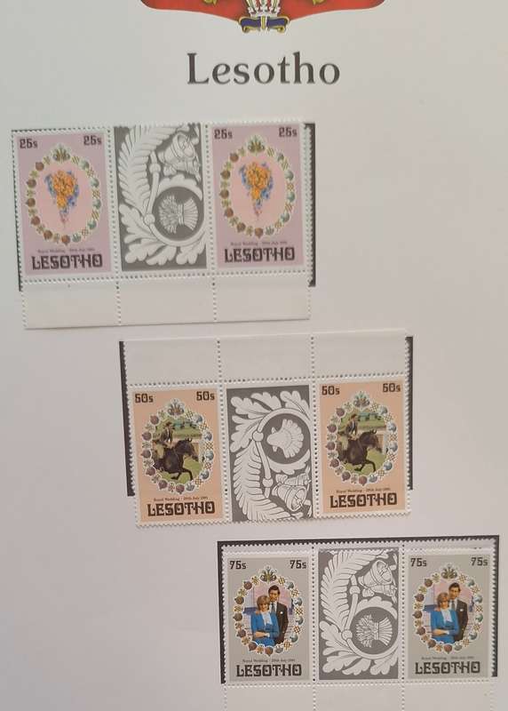 Official Royal Wedding 1981 Album Page LESOTHO with Set of 3 Mint Gutter Pairs