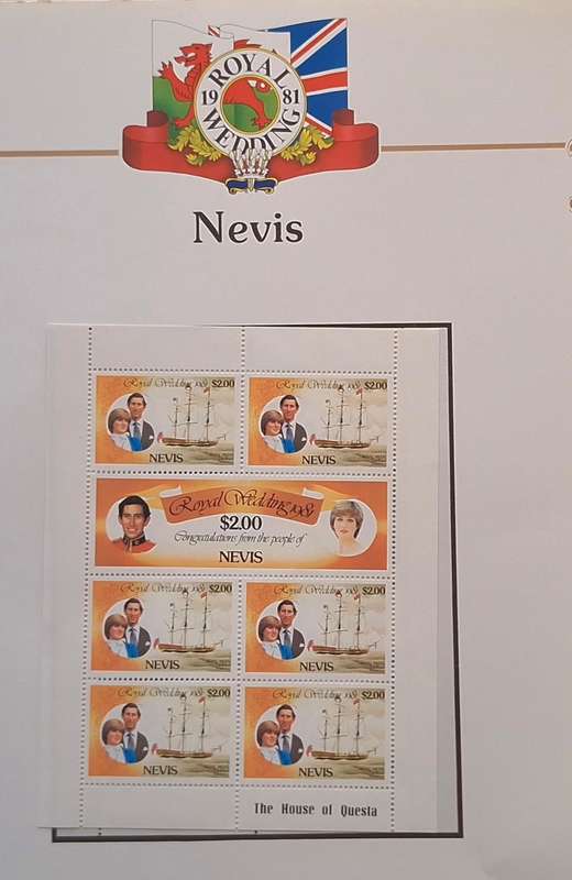 Official Royal Wedding 1981 Album Page NEVIS with Mint Sheetlet of 6 x $2.00 stamps
