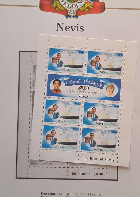 Official Royal Wedding 1981 Album Page NEVIS with Mint Sheetlet of 6 x $5.00 stamps