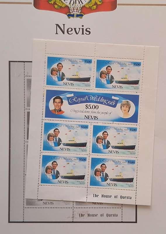 Official Royal Wedding 1981 Album Page NEVIS with Mint Sheetlet of 6 x $5.00 stamps
