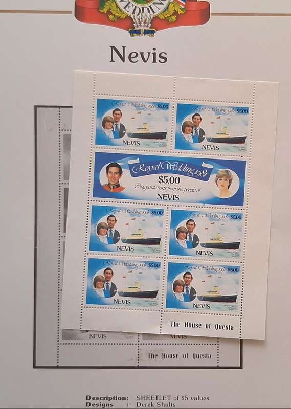 Official Royal Wedding 1981 Album Page NEVIS with Mint Sheetlet of 6 x $5.00 stamps
