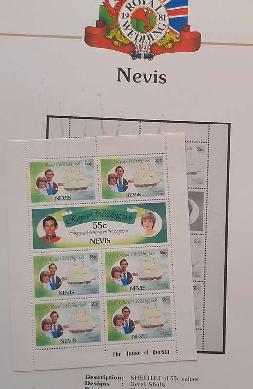 Official Royal Wedding 1981 Album Page NEVIS with Mint Sheetlet of 6 x 55c stamps