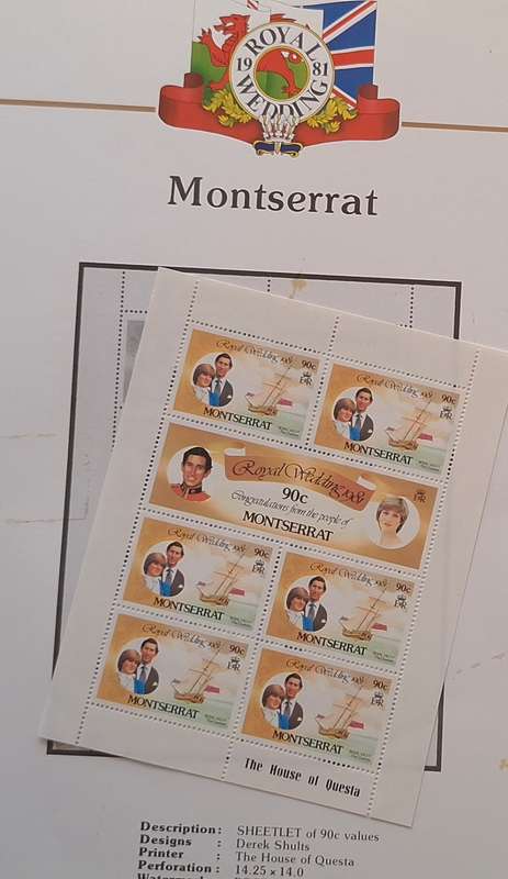 Official Royal Wedding 1981 Album Page MONTSERRAT with Mint Sheetlet of 6 x 90c stamps