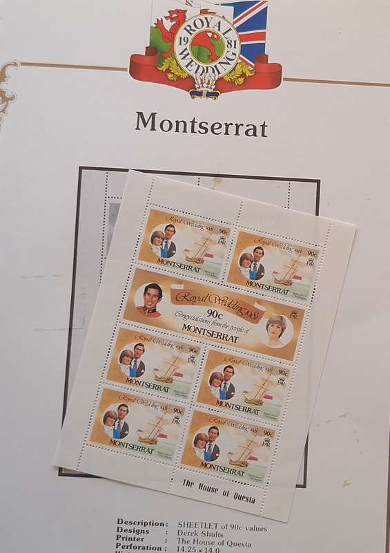Official Royal Wedding 1981 Album Page MONTSERRAT with Mint Sheetlet of 6 x 90c stamps