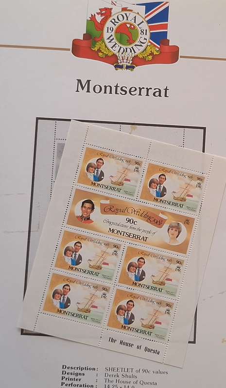 Official Royal Wedding 1981 Album Page MONTSERRAT with Mint Sheetlet of 6 x 90c stamps