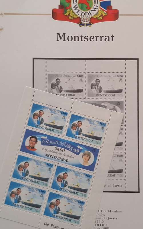 Official Royal Wedding 1981 Album Page MONTSERRAT with Mint Sheetlet of 6 x $4.00 stamps
