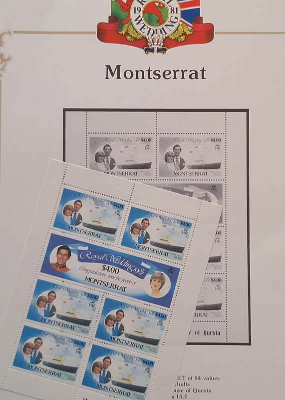Official Royal Wedding 1981 Album Page MONTSERRAT with Mint Sheetlet of 6 x $4.00 stamps