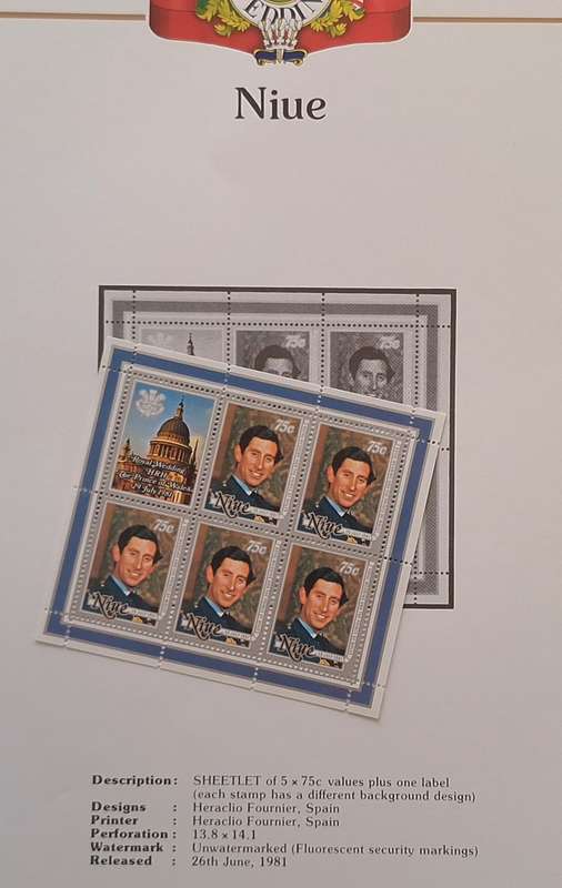 Official Royal Wedding 1981 Album Page NIUE with Mint Sheetlet of 5 x 75c stamps