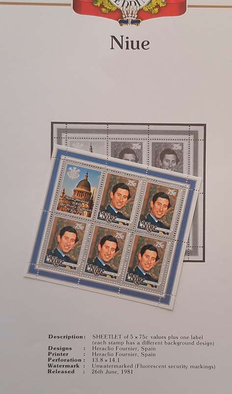 Official Royal Wedding 1981 Album Page NIUE with Mint Sheetlet of 5 x 75c stamps