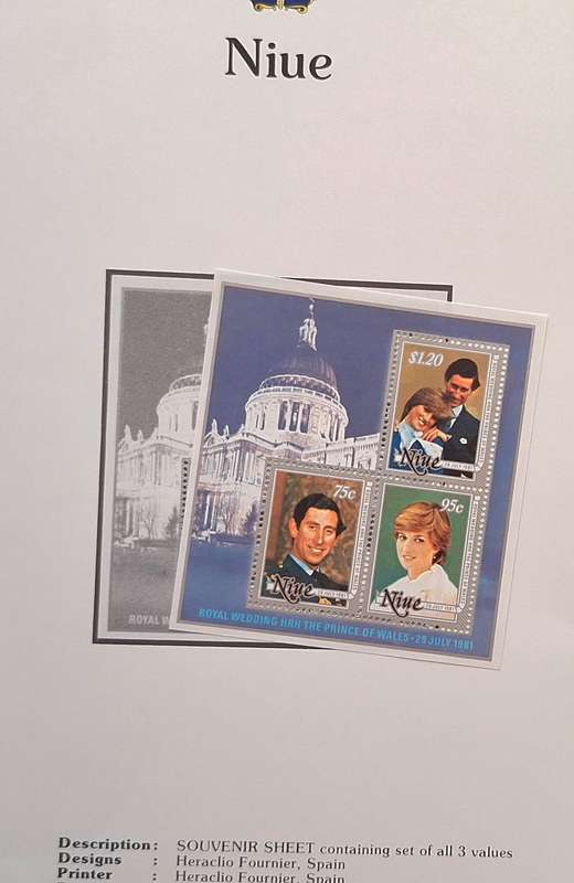 Official Royal Wedding 1981 Album Page NIUE with Mint Souvenir Sheet with Set of 3 Value stamps