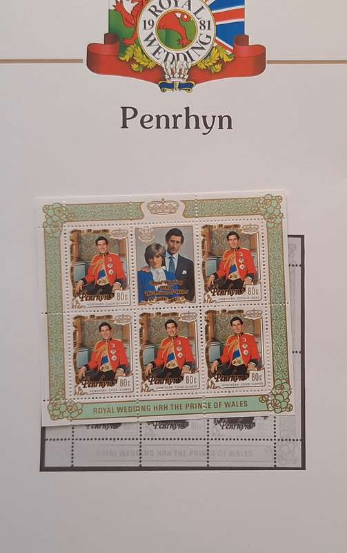 Official Royal Wedding 1981 Album Page PENRHYN with Mint Sheetlet of 5 x 80c stamps