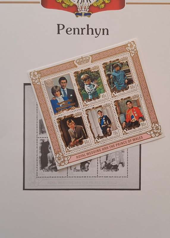 Official Royal Wedding 1981 Album Page PENRHYN with Souvenir Sheet with set of 5 values stamps