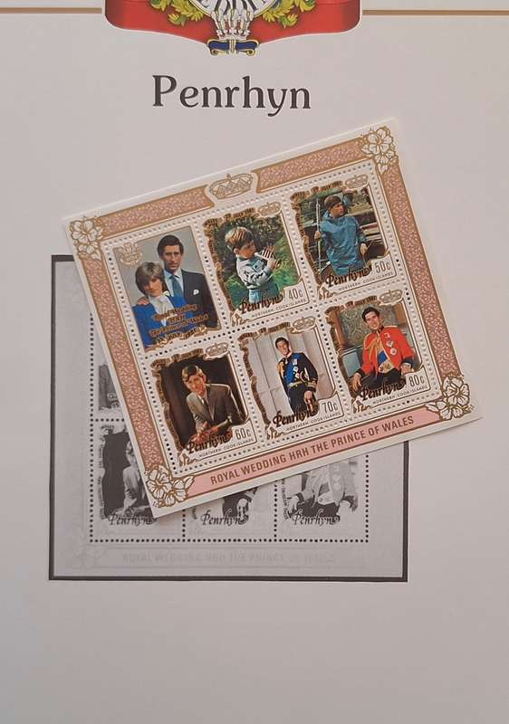 Official Royal Wedding 1981 Album Page PENRHYN with Souvenir Sheet with set of 5 values stamps
