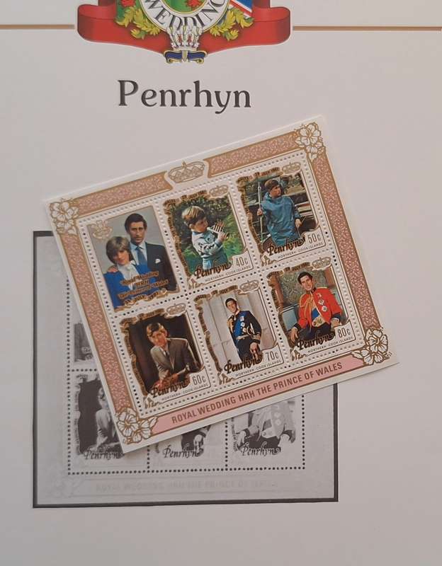 Official Royal Wedding 1981 Album Page PENRHYN with Souvenir Sheet with set of 5 values stamps
