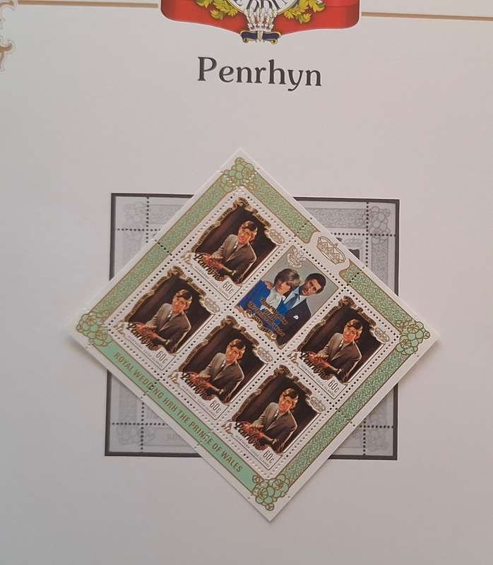 Official Royal Wedding 1981 Album Page PENRHYN with Sheetlet of 5 x 60c stamps