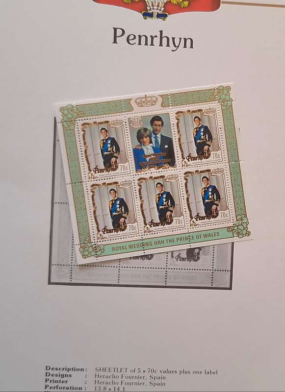 Official Royal Wedding 1981 Album Page PENRHYN with Sheetlet of 5 x 70c stamps