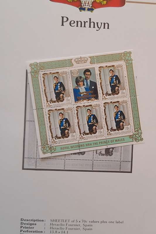 Official Royal Wedding 1981 Album Page PENRHYN with Sheetlet of 5 x 70c stamps
