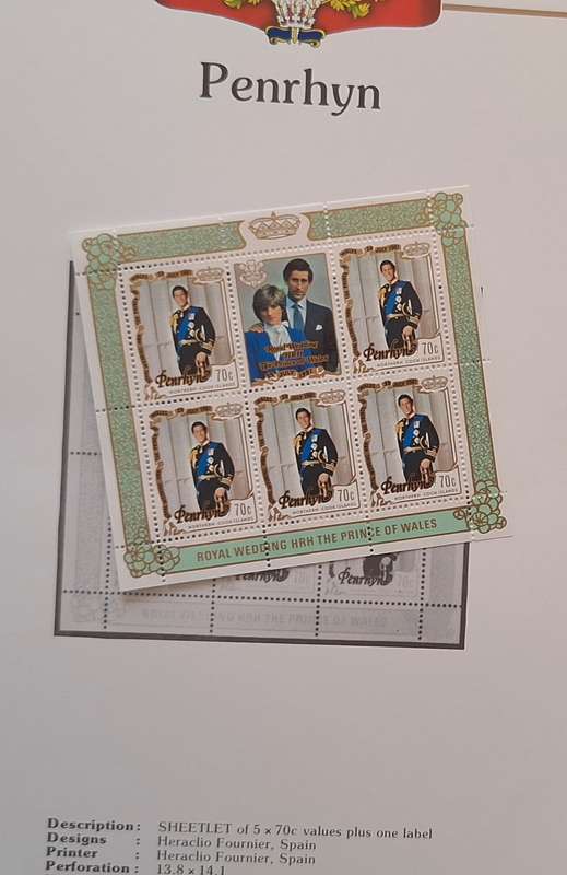 Official Royal Wedding 1981 Album Page PENRHYN with Sheetlet of 5 x 70c stamps