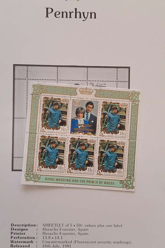 Official Royal Wedding 1981 Album Page PENRHYN with Sheetlet of 5 x 50c stamps