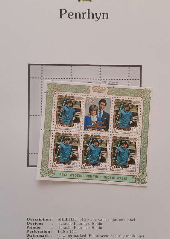 Official Royal Wedding 1981 Album Page PENRHYN with Sheetlet of 5 x 50c stamps