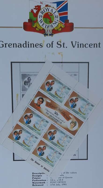 Official Royal Wedding 1981 Album Page GRENADINES OF ST. VINCENT with Mint Sheetlet of 6x50c stamps