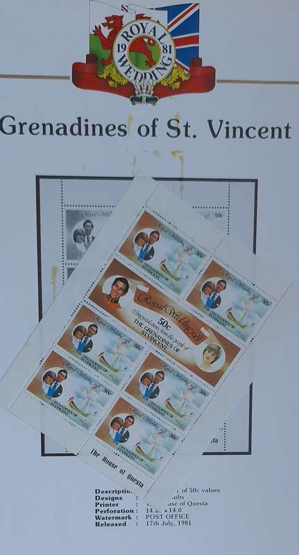 Official Royal Wedding 1981 Album Page GRENADINES OF ST. VINCENT with Mint Sheetlet of 6x50c stamps