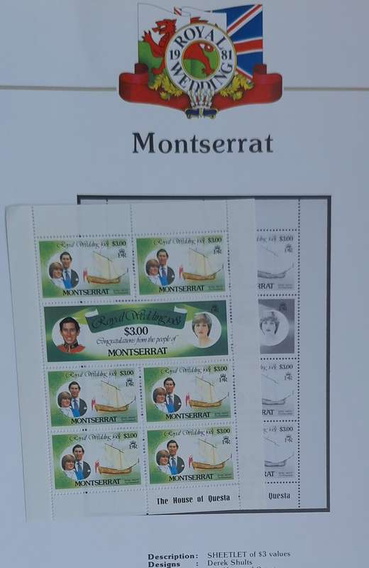 Official Royal Wedding 1981 Album Page MONTSERRAT with Mint Sheetlet of 6 x $3.00 stamps