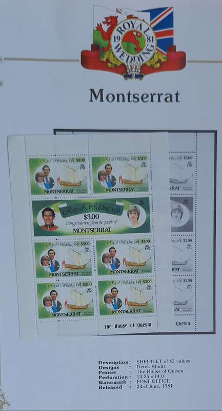 Official Royal Wedding 1981 Album Page MONTSERRAT with Mint Sheetlet of 6 x $3.00 stamps