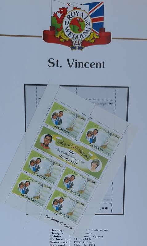 Official Royal Wedding 1981 Album Page ST. VINCENT  with Mint Sheetlet of 6 x 60c stamps