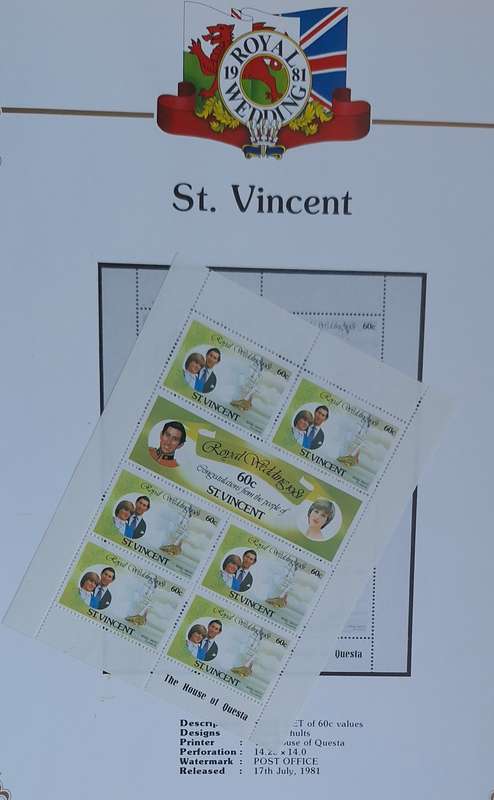 Official Royal Wedding 1981 Album Page ST. VINCENT  with Mint Sheetlet of 6 x 60c stamps